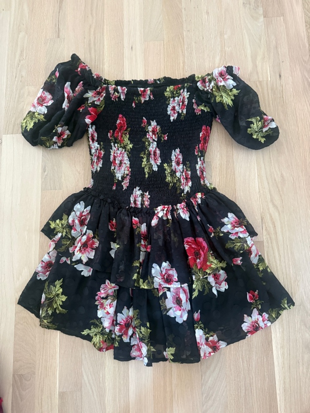 Vici Black Floral Off-Shoulder Smocked Tiered Dress